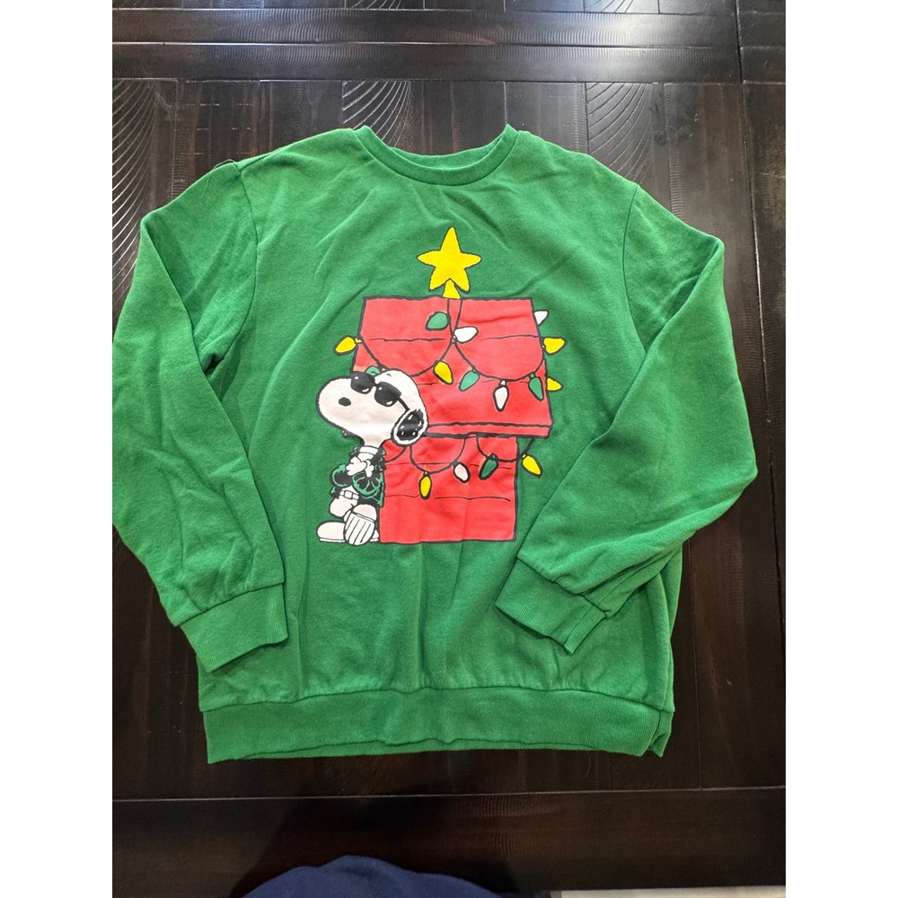 Peanuts Snoopy Christmas Sweatshirt Green Joe Cool Doghouse Holiday Large